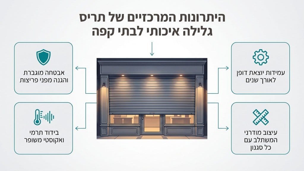 נוצר על ידי מודל בינה מלאכותית Gemini Pro תריס גלילה איכותי המגן על חזית בית קפה מודרני בשעות הלילה