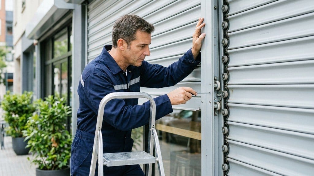 נוצר על ידי מודל בינה מלאכותית Gemini Pro התקנה מקצועית של תריס גלילה לבית קפה על ידי טכנאי מוסמך