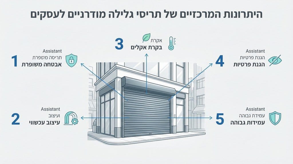 נוצר על ידי מודל בינה מלאכותית Gemini Pro תריסי אלומיניום סגורים בחזית חנות מודרנית בתל אביב