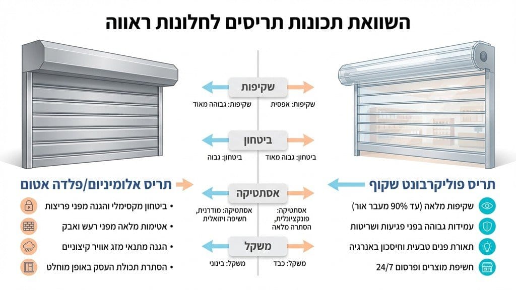 תריס גלילה שקוף מפוליקרבונט המותקן בחזית חנות ראווה